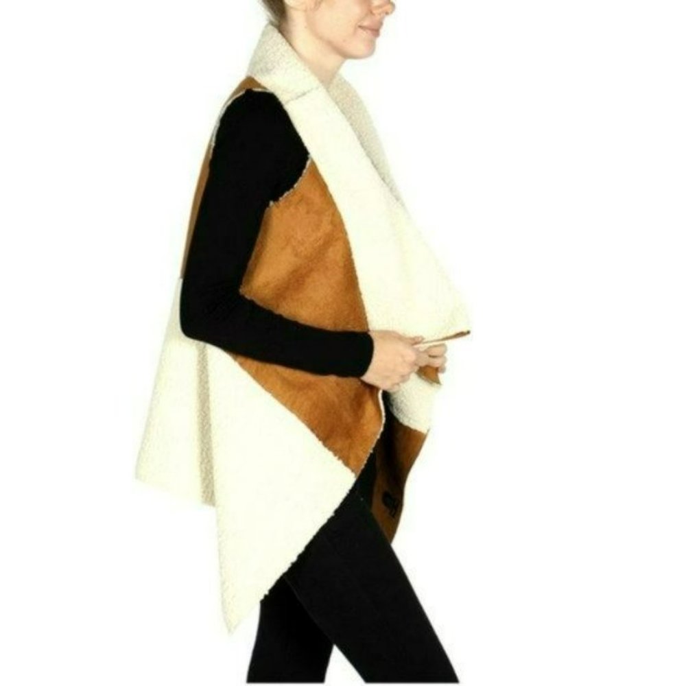 NWT Ellie & Kate Contrast Sherpa / Suede Open Front Relaxed fit Vest - Picture 2 of 5